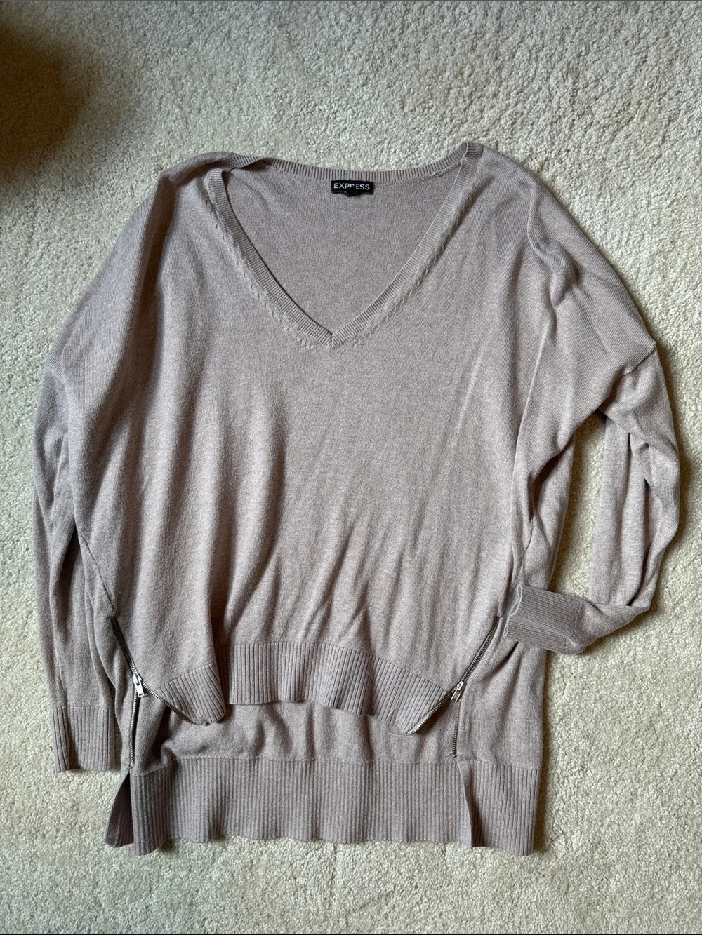 Express Women’s V-Neck Zip-Hem Sweater - Mushroom Taupe - Picture 1 of 3